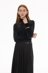 Black Stripe Printed Velvet Turtleneck Top