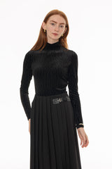 Black Stripe Printed Velvet Turtleneck Top