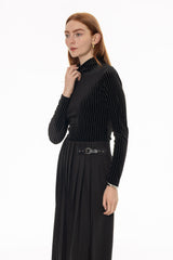Black Stripe Printed Velvet Turtleneck Top