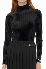 Black Stripe Printed Velvet Turtleneck Top