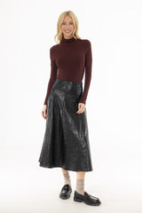 Black Textured Faux Leather Midi Skirt