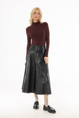 Black Textured Faux Leather Midi Skirt