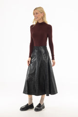 Black Textured Faux Leather Midi Skirt
