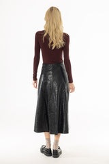 Black Textured Faux Leather Midi Skirt