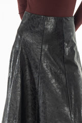 Black Textured Faux Leather Midi Skirt