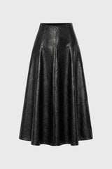 Black Textured Faux Leather Midi Skirt