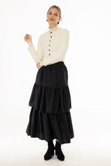 Black Tiered Silk Feel Maxi Skirt