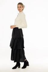 Black Tiered Silk Feel Maxi Skirt
