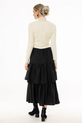 Black Tiered Silk Feel Maxi Skirt