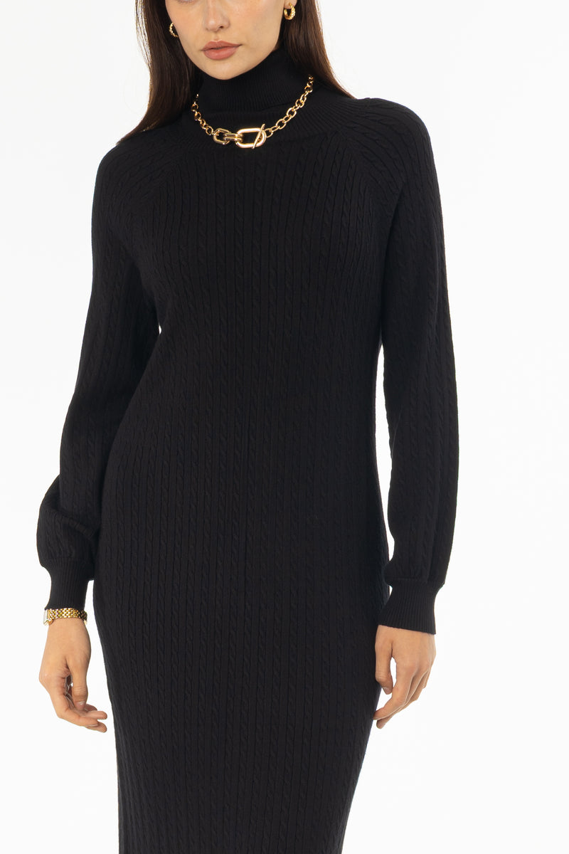 Black Turtleneck Cable Knit Maxi Dress