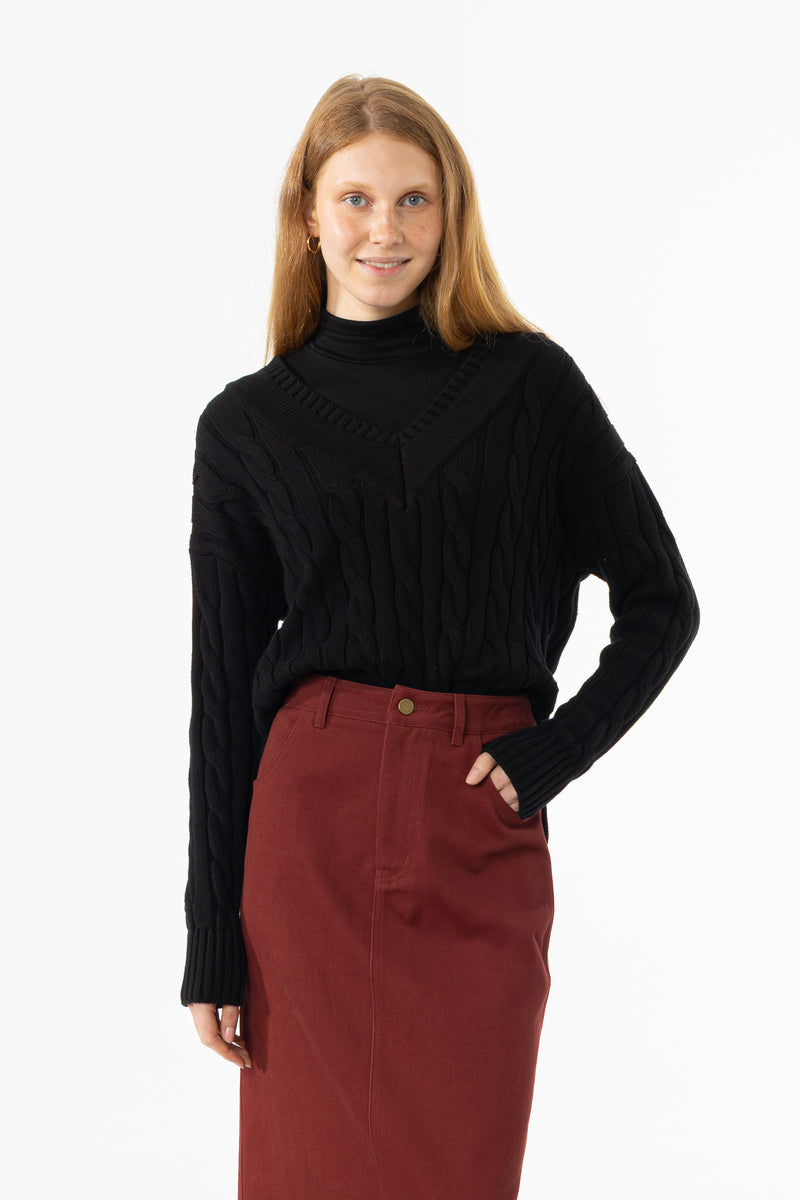 Black V-Neck Cable Knit Sweater