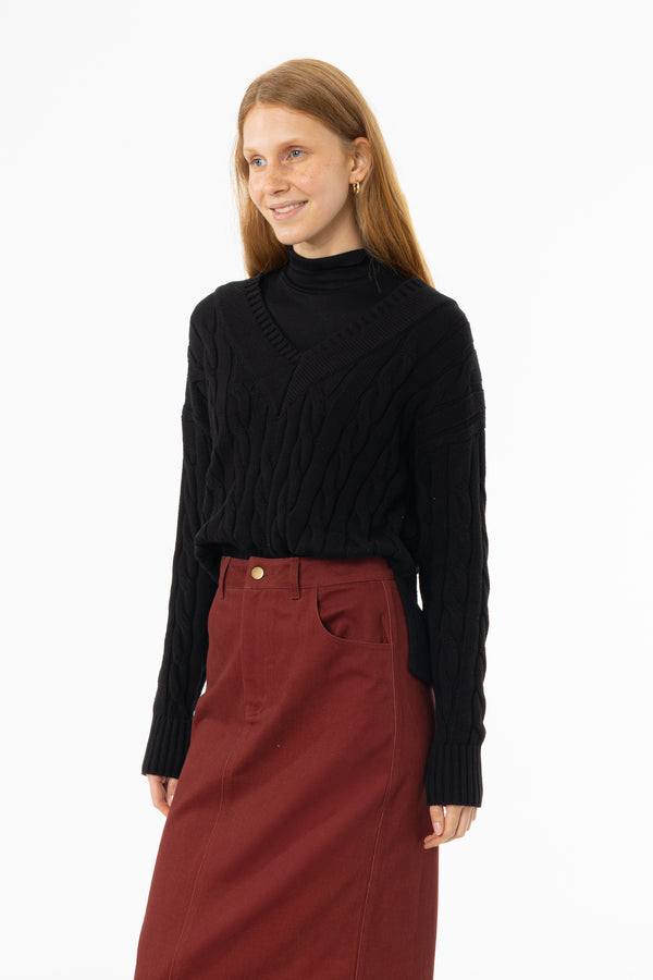 Black V-Neck Cable Knit Sweater