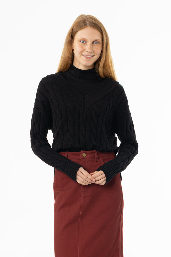 Black V-Neck Cable Knit Sweater