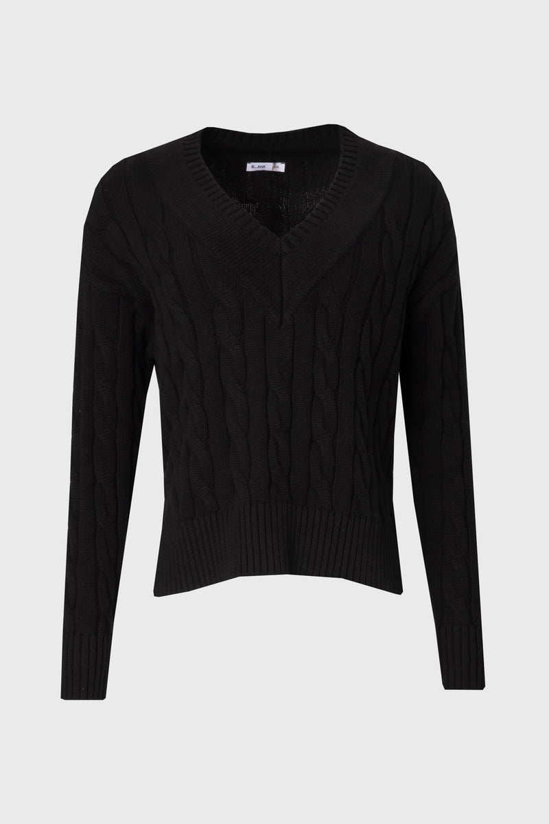Black V-Neck Cable Knit Sweater
