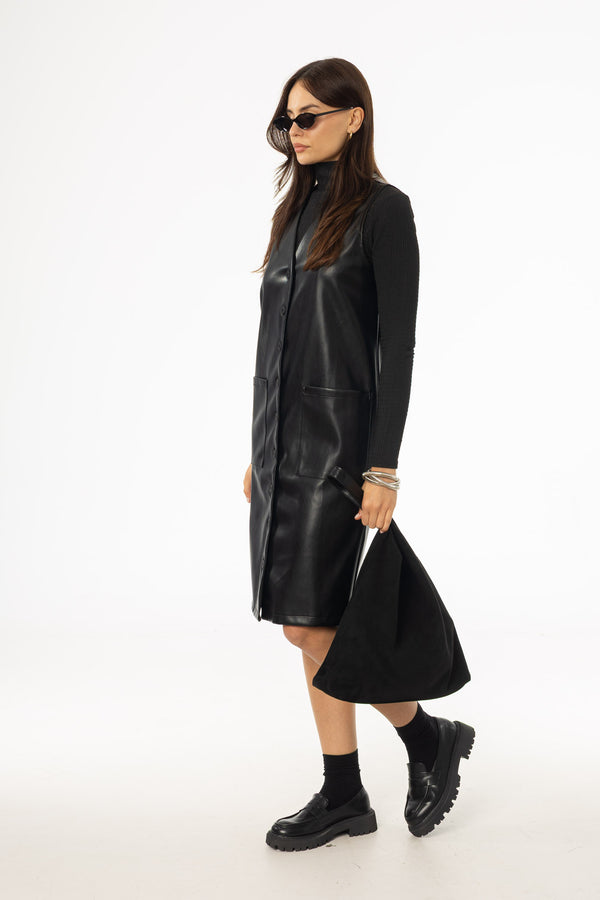 Black Vegan Leather Vest Dress