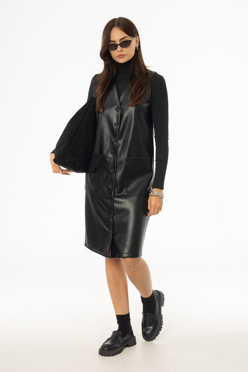 Black Vegan Leather Vest Dress