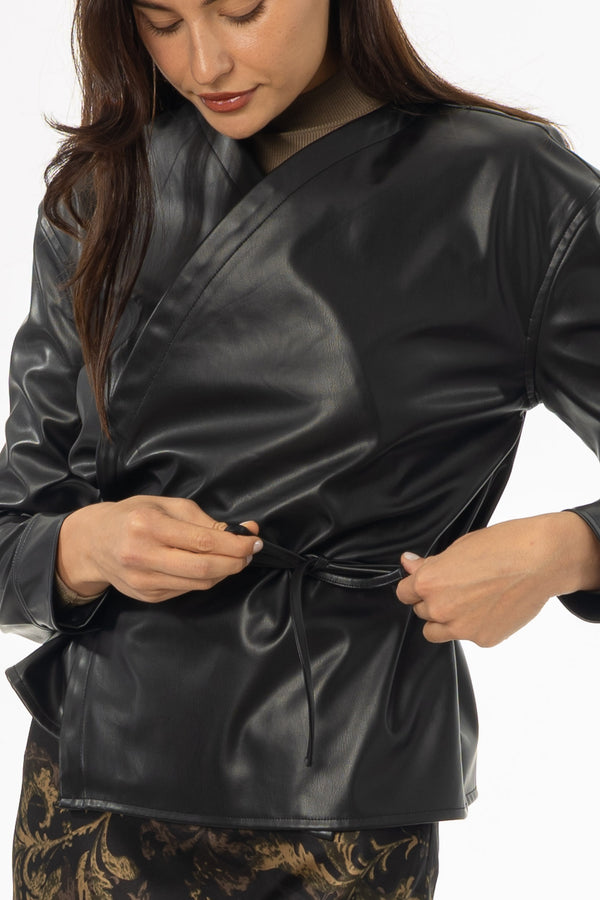 Black Vegan Leather Wrap Top