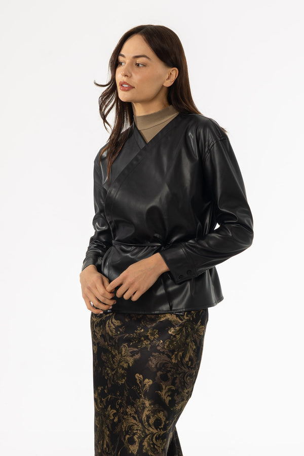 Black Vegan Leather Wrap Top