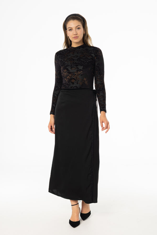 Black Velour Trim Wrap Skirt