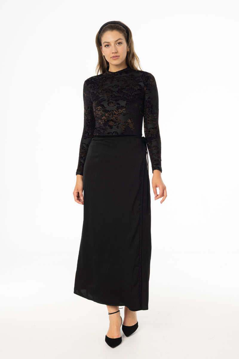Black Velour Trim Wrap Skirt
