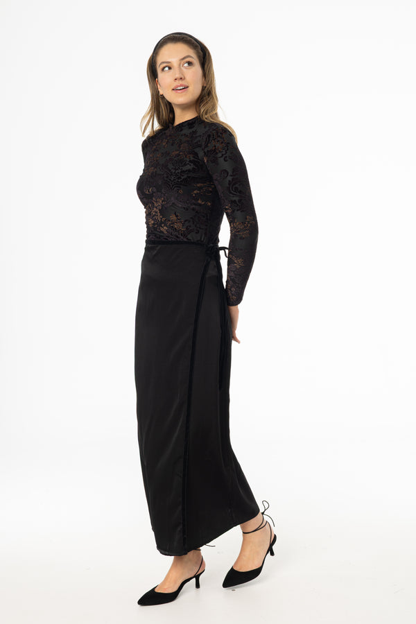 Black Velour Trim Wrap Skirt