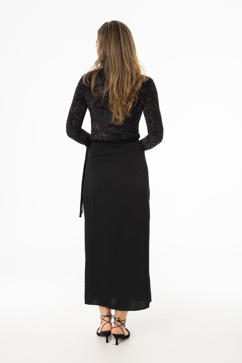 Black Velour Trim Wrap Skirt