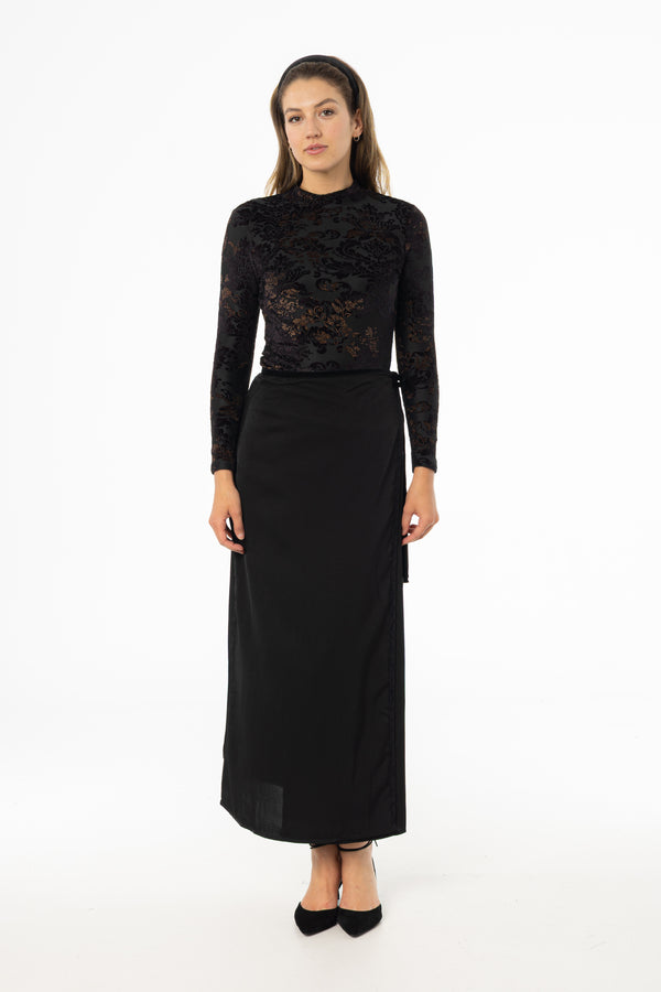 Black Velour Trim Wrap Skirt