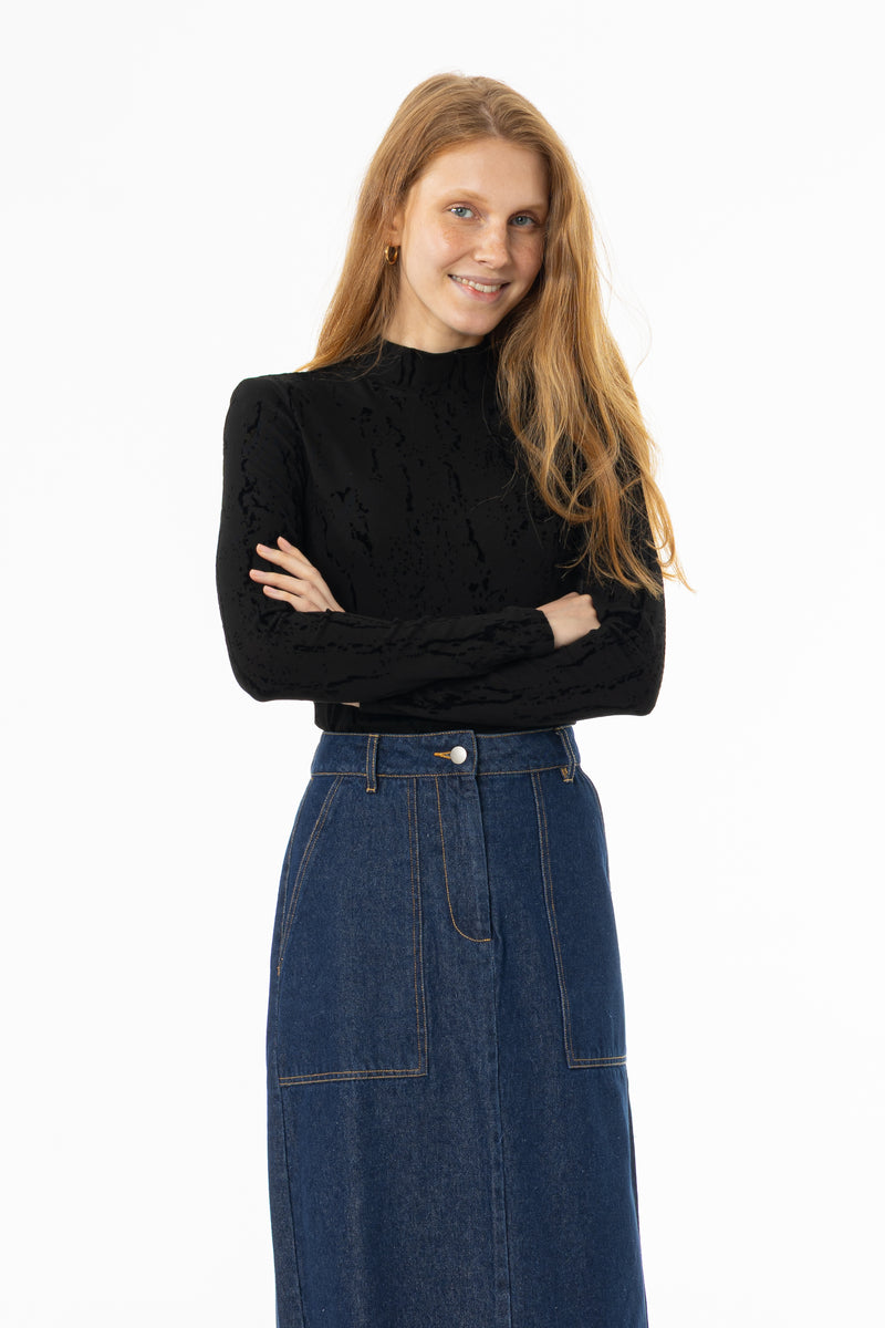 Black Velvet Detail Mock Neck Top