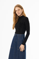 Black Velvet Detail Mock Neck Top