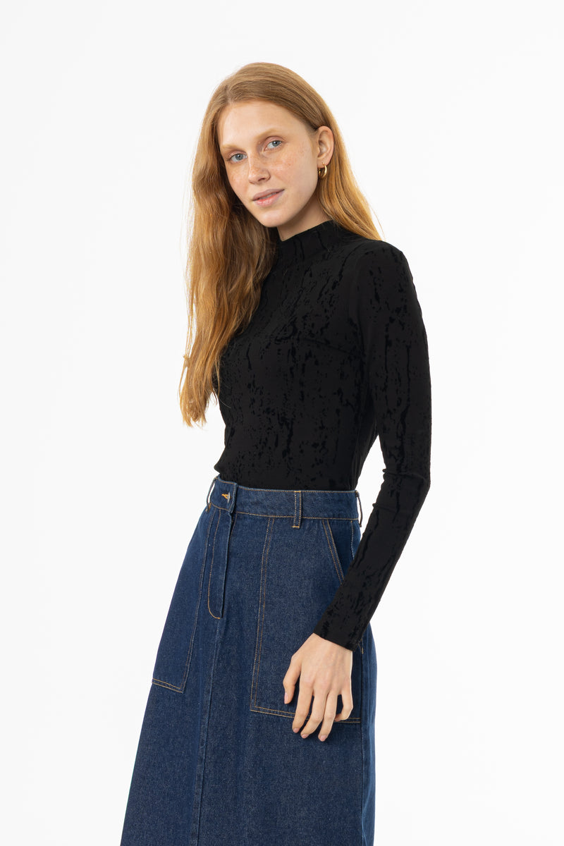 Black Velvet Detail Mock Neck Top
