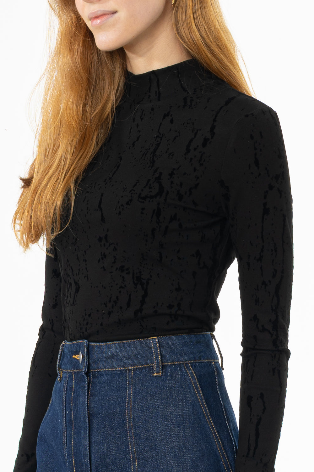 カットソー(長袖+七分) vintage black velvet lace High neck top Kintsugi” Velour Jersey High Neck