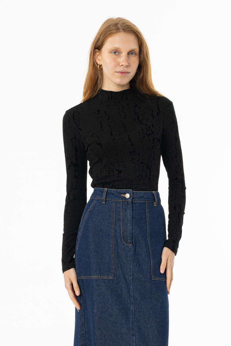 Black Velvet Detail Mock Neck Top