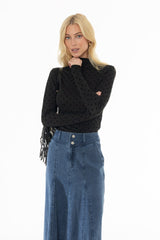 Black Velvet Printed Turtleneck Top