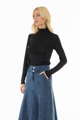 Black Velvet Printed Turtleneck Top