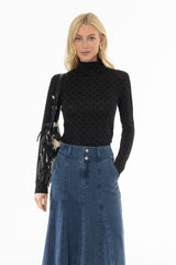 Black Velvet Printed Turtleneck Top