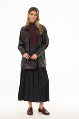 Black Wash Pleated Flare Denim Maxi Skirt