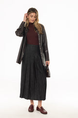Black Wash Pleated Flare Denim Maxi Skirt