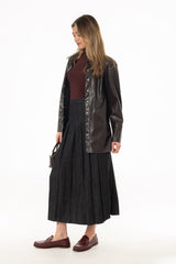 Black Wash Pleated Flare Denim Maxi Skirt
