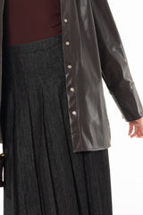 Black Wash Pleated Flare Denim Maxi Skirt