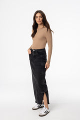 Black Wash Ruched Denim Skirt