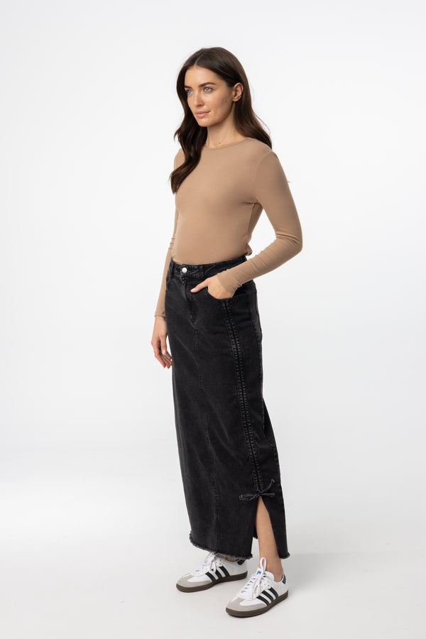 Black Wash Ruched Denim Skirt