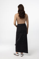 Black Wash Ruched Denim Skirt