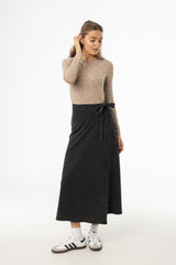 Black Wash Stretch Wrap Maxi Skirt