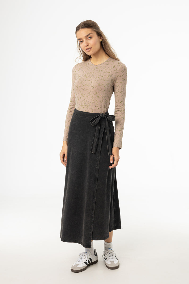 Black Wash Stretch Wrap Maxi Skirt