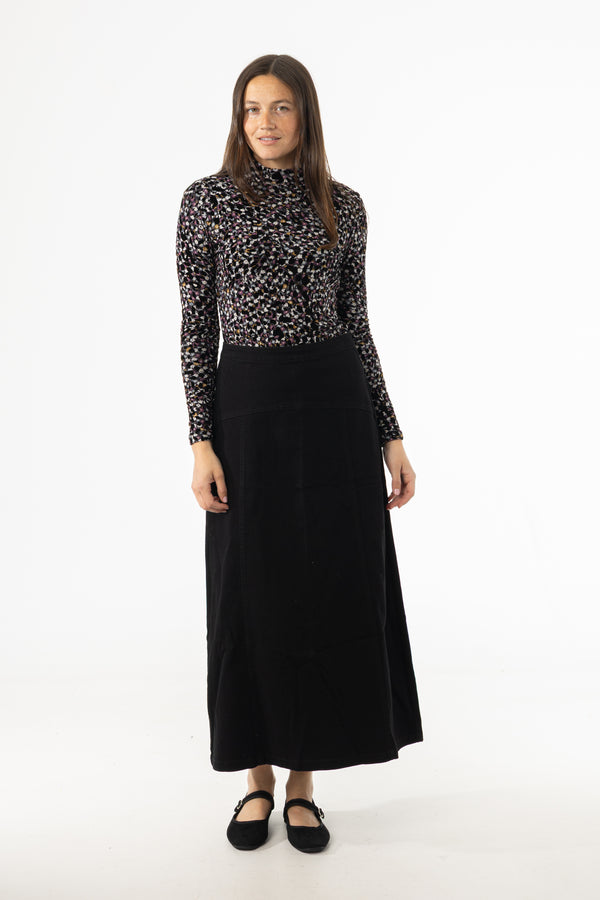 Black Yoke Seam Denim Skirt