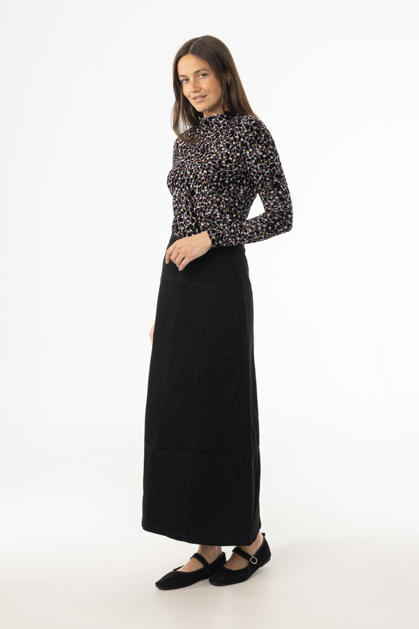 Black Yoke Seam Denim Skirt