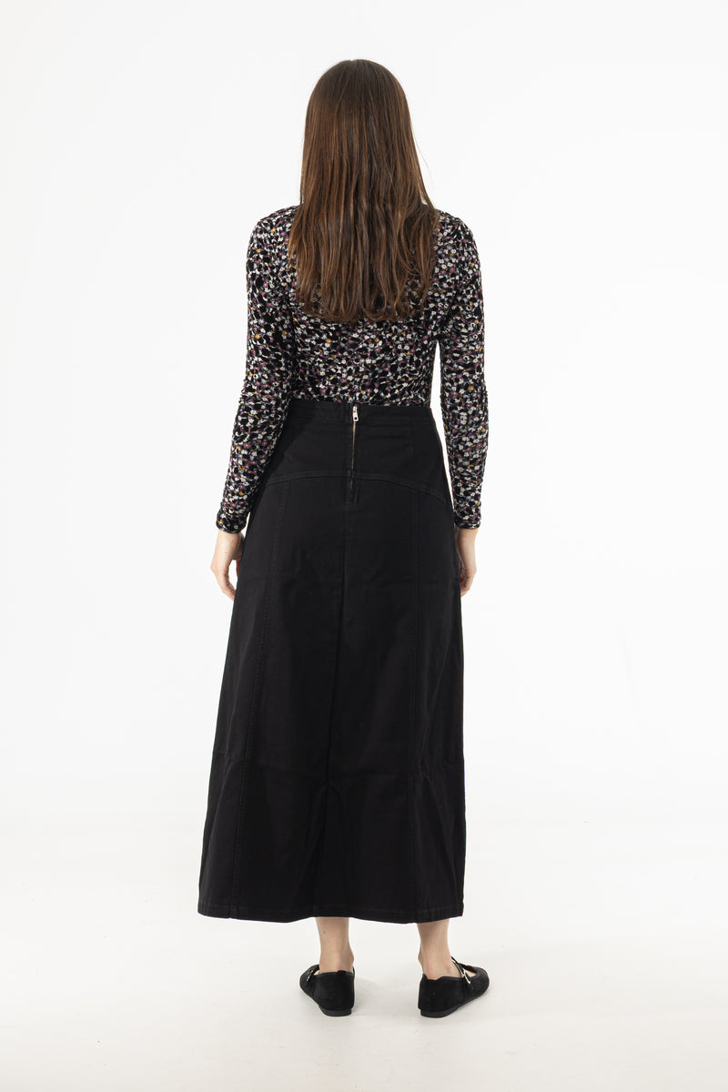 Black Yoke Seam Denim Skirt