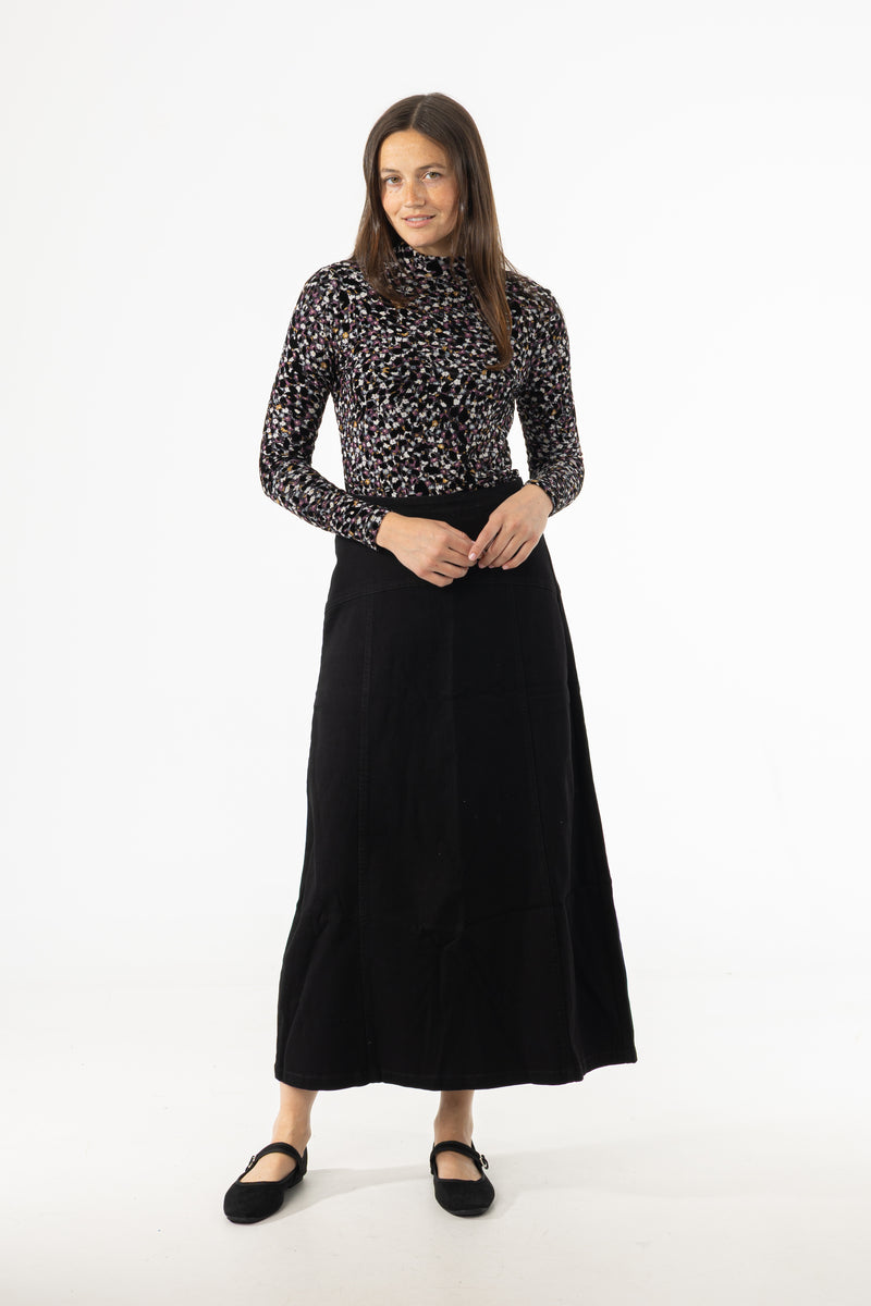 Black Yoke Seam Denim Skirt
