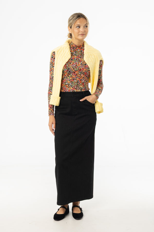 Black Zipper Denim Maxi Skirt