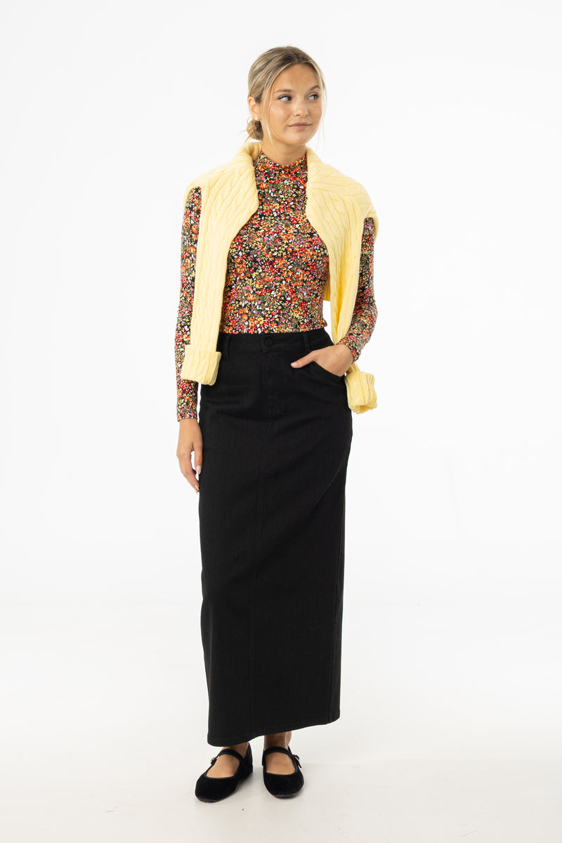 Black Zipper Denim Maxi Skirt